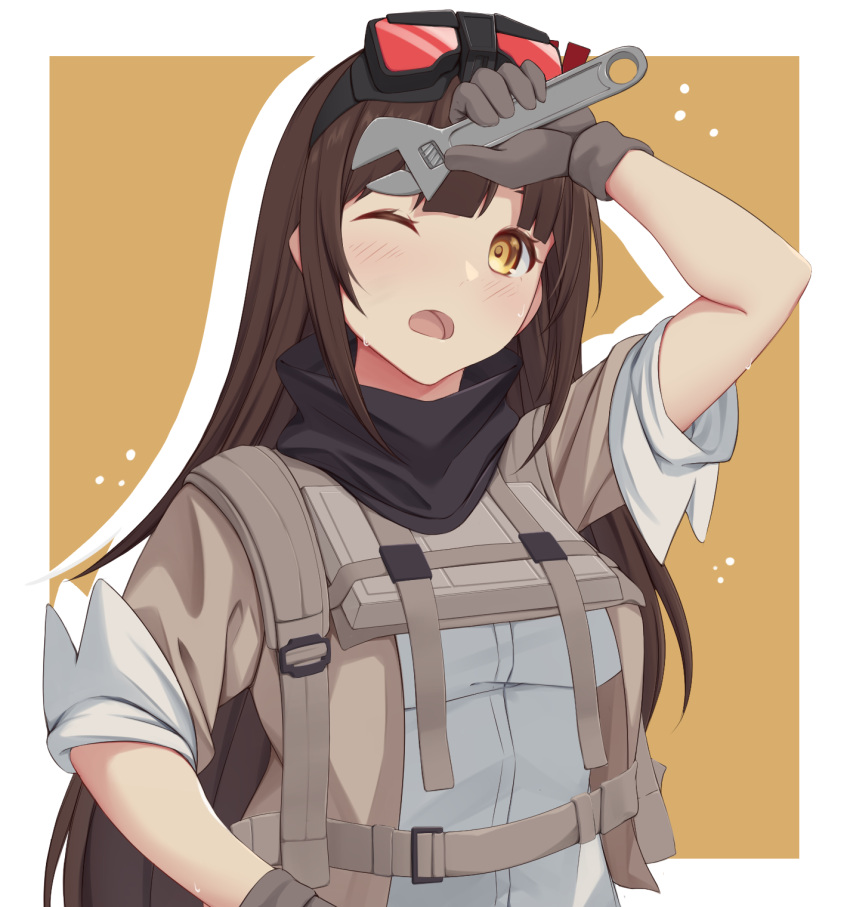 1girl act_(xadachit) breasts brown_hair girls'_frontline girls'_frontline_2:_exilium goggles goggles_on_head highres long_hair mayling_shen_(girls'_frontline_2) medium_breasts scarf short_sleeves simple_background sweat wrench