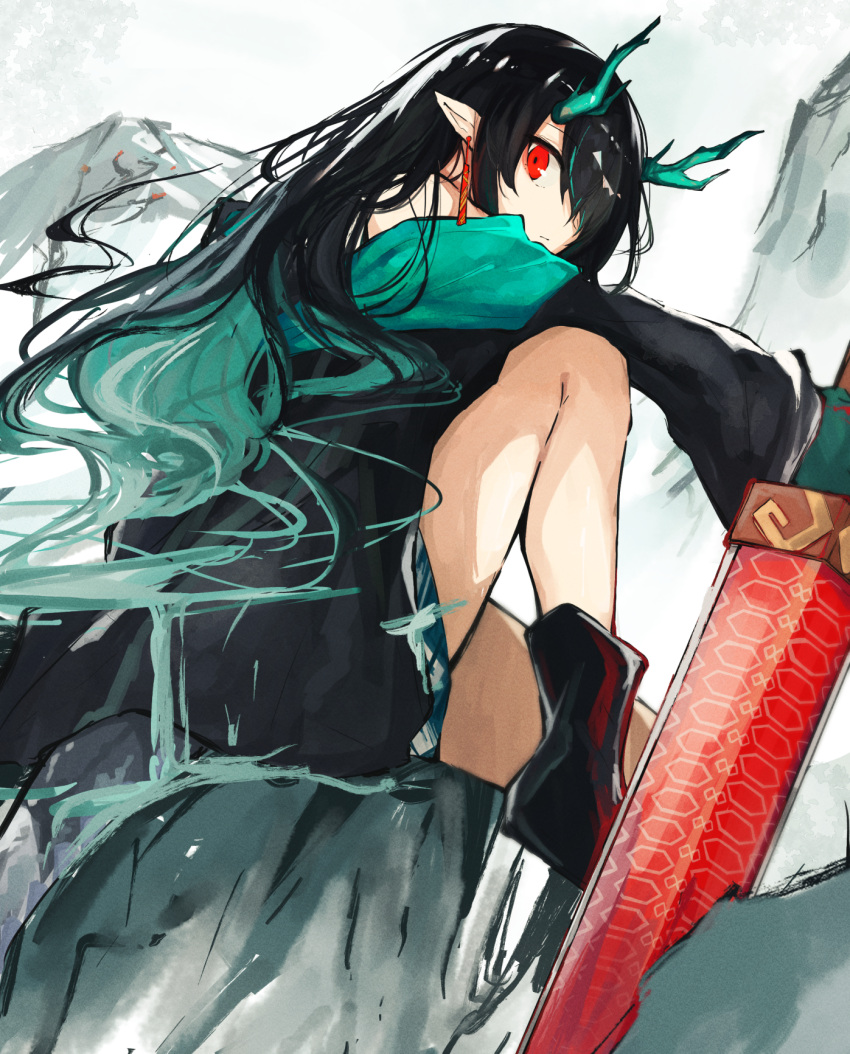 1girl aitekku arknights bangs bare_legs black_footwear black_hair black_jacket boots closed_mouth commentary dragon_horns dusk_(arknights) earrings expressionless from_side green_hair hair_over_one_eye highres holding holding_sword holding_weapon horns jacket jewelry long_hair long_sleeves looking_at_viewer multicolored_hair off_shoulder one_eye_covered pointy_ears red_eyes sitting solo streaked_hair sword weapon
