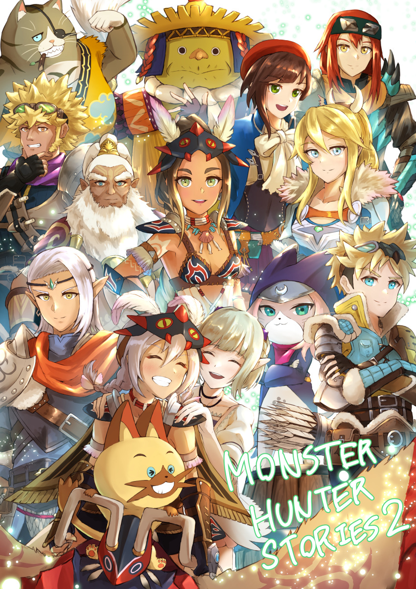 absurdres anzo_(anzu_elichi0928) arm_tattoo ayuria cheval ena_(monster_hunter) fang_necklace fewer_digits highres jewelry kayna_(monster_hunter) lilia_(monster_hunter) mask mask_on_head monster_hunter_(series) monster_hunter_stories monster_hunter_stories_2 multiple_boys multiple_girls naville_(monster_hunter_stories) neck_ring protagonist_(mhs2) rathalos shell_necklace stomach_tattoo tattoo tooth_necklace tribal tribal_tattoo tsukino_(monster_hunter)