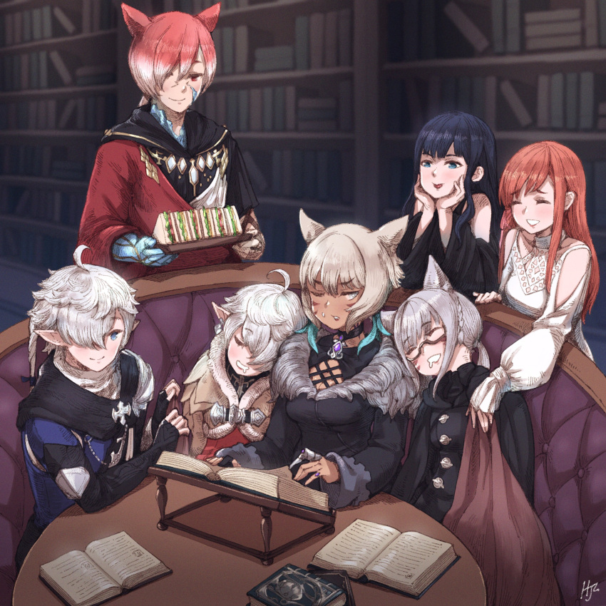 3boys 4girls absurdres ahoge alisaie_leveilleur alphinaud_leveilleur animal_ears aqua_eyes bare_shoulders black_choker black_gloves black_hair blanket blue_eyes blush book book_stack book_stand bookshelf bow braid breasts brown-framed_eyewear brown_hair cat_ears choker cleavage cleavage_cutout closed_eyes closed_mouth clothing_cutout collarbone couch drooling earrings elbow_gloves eyebrows_visible_through_hair facial_mark feather_earrings feathers final_fantasy final_fantasy_xiv fingerless_gloves food fur_trim g'raha_tia gaia_(ff14) glasses gloves grey_eyes grey_hair hair_between_eyes hair_bow hair_over_one_eye hand_on_own_cheek hand_on_own_face hatching_(texture) head_rest highres hjz_(artemi) holding holding_plate holding_tray hyur indoors jewelry leaning_on_person light_brown_hair lipstick long_hair long_sleeves looking_at_another makeup medium_hair miqo'te multicolored multicolored_hair multiple_boys multiple_girls one_eye_closed open_book open_mouth orange_hair pinky_ring plate pointy_ears puffy_sleeves red_eyes red_hair red_lips ring ryne saliva sandwich scarf sitting sleeping sleeping_on_person sleeves_past_wrists smile sweat table tray whisker_markings white_choker white_hair wide_sleeves y'shtola_rhul