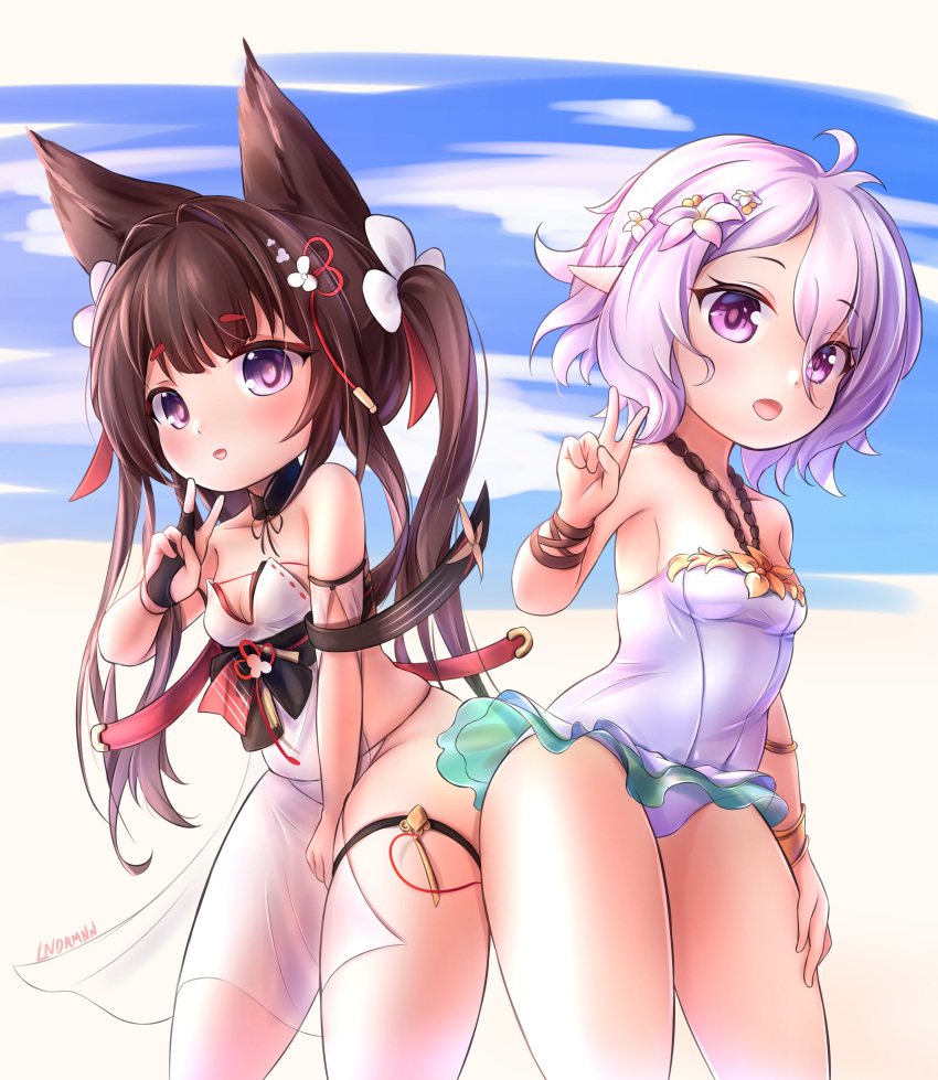 2girls :d absurdres alternate_costume amagi-chan_(azur_lane) amagi_(azur_lane) amagi_(azur_lane)_(cosplay) amagi_(wending_waters_serene_lotus)_(azur_lane) animal_ears antenna_hair armpits azur_lane bangs bare_shoulders bent_over bikini blue_sky blunt_bangs breasts brown_hair casual_one-piece_swimsuit cleavage cloud cloudy_sky collarbone commentary cosplay crossover english_commentary eyebrows_visible_through_hair eyeshadow flower fox_ears hair_between_eyes hair_flower hair_ornament highres kokkoro_(princess_connect!) leaning_forward light_purple_hair lndrmnn long_hair looking_at_viewer makeup multiple_girls one-piece_swimsuit open_mouth pointy_ears princess_connect! purple_eyes short_hair sidelocks sky smile swimsuit thick_eyebrows twintails v white_bikini white_swimsuit