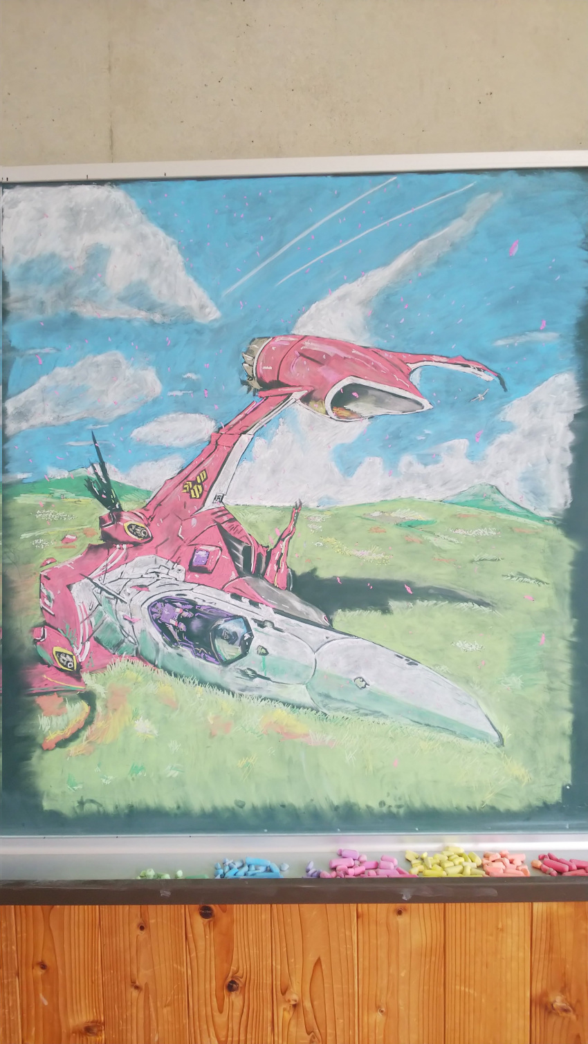 absurdres chalk_(medium) chalkboard cloud destroyed highres macross macross_frontier macross_frontier:_sayonara_no_tsubasa mecha no_humans photo_(medium) science_fiction sky solo variable_fighter yf-29