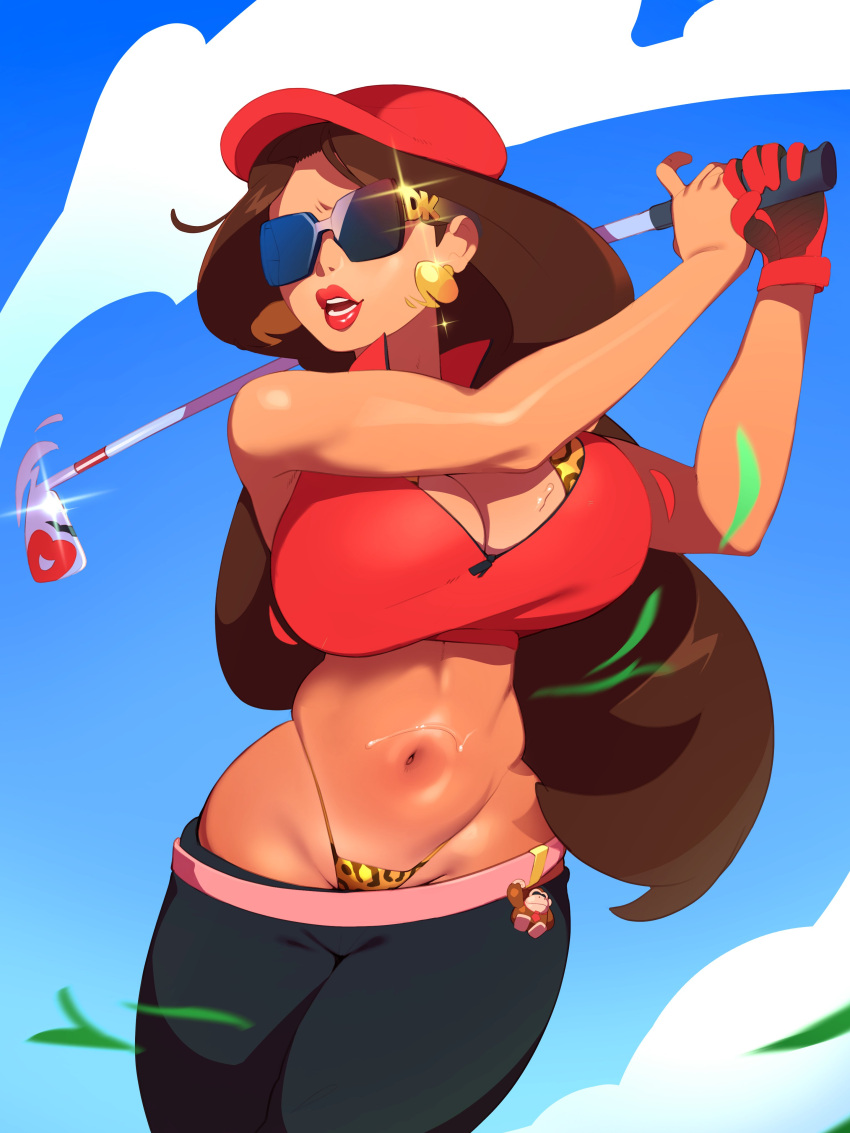 1girl absurdres adapted_costume animal_print bra breasts brown_hair character_doll cleavage combos_&amp;_doodles crop_top donkey_kong donkey_kong_(series) earrings gold_earrings golf_club hat highres jewelry leopard_print lipstick makeup mario_(series) mario_golf navel open_mouth pauline_(mario) red_headwear red_lips solo stomach sunglasses tan thong underwear