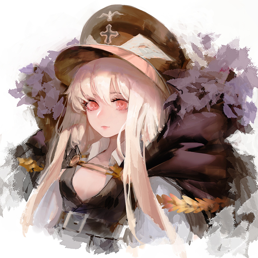 1girl bangs belt belt_buckle black_headwear breasts buckle cleavage closed_mouth collar cross fur fur_trim girls'_frontline hair_between_eyes hat highres iron_cross kar98k_(girls'_frontline) lips long_hair looking_at_viewer military_hat peaked_cap red_eyes rsef sidelocks simple_background smile solo upper_body very_long_hair wehrmacht white_background white_collar white_hair