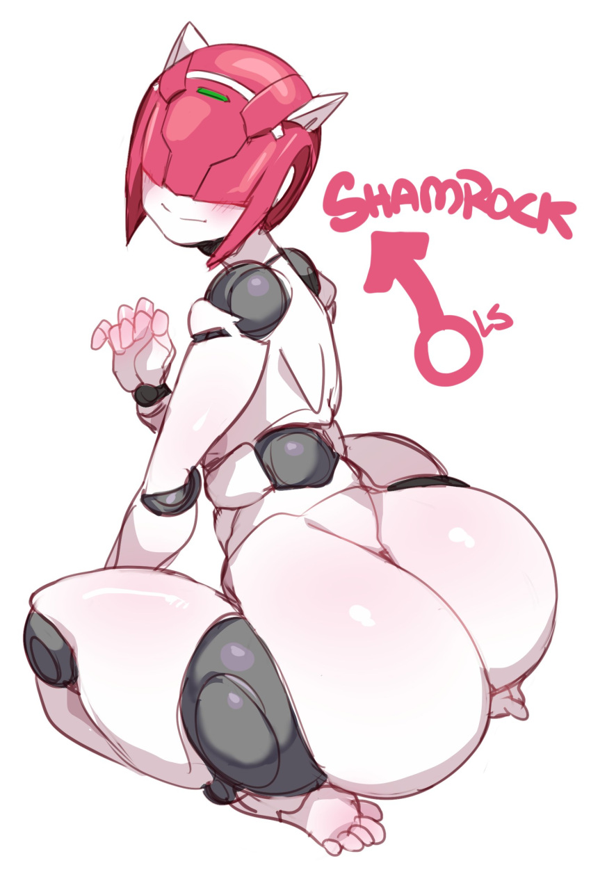 1boy android ass barefoot blush colored_skin from_behind hair_over_eyes highres joints kneeling lightsource looking_at_viewer looking_back male_focus metal_skin otoko_no_ko pink_hair robot robot_joints robot_neoanthropinae_polynian shamrock_(polynian) shiny shiny_hair shiny_skin simple_background solo toes white_background white_skin