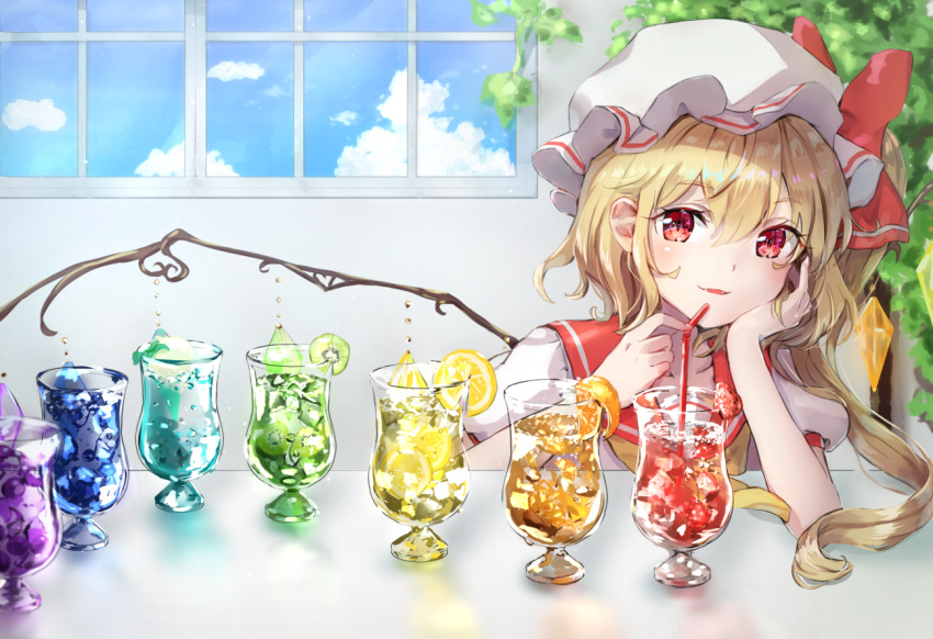 1girl adapted_costume arm_support bangs blonde_hair blush collarbone crystal drink drinking_straw eyebrows_visible_through_hair flandre_scarlet food fruit hand_on_own_cheek hand_on_own_face hat head_rest indoors ivy kiwi_slice lemon lemon_slice looking_at_viewer mob_cap one_side_up orange_(fruit) parted_lips puffy_short_sleeves puffy_sleeves rainbow_order red_eyes sailor_collar shiny shiny_hair shironeko_yuuki short_hair_with_long_locks short_sleeves sidelocks slit_pupils smile solo strawberry touhou window wings yellow_neckwear