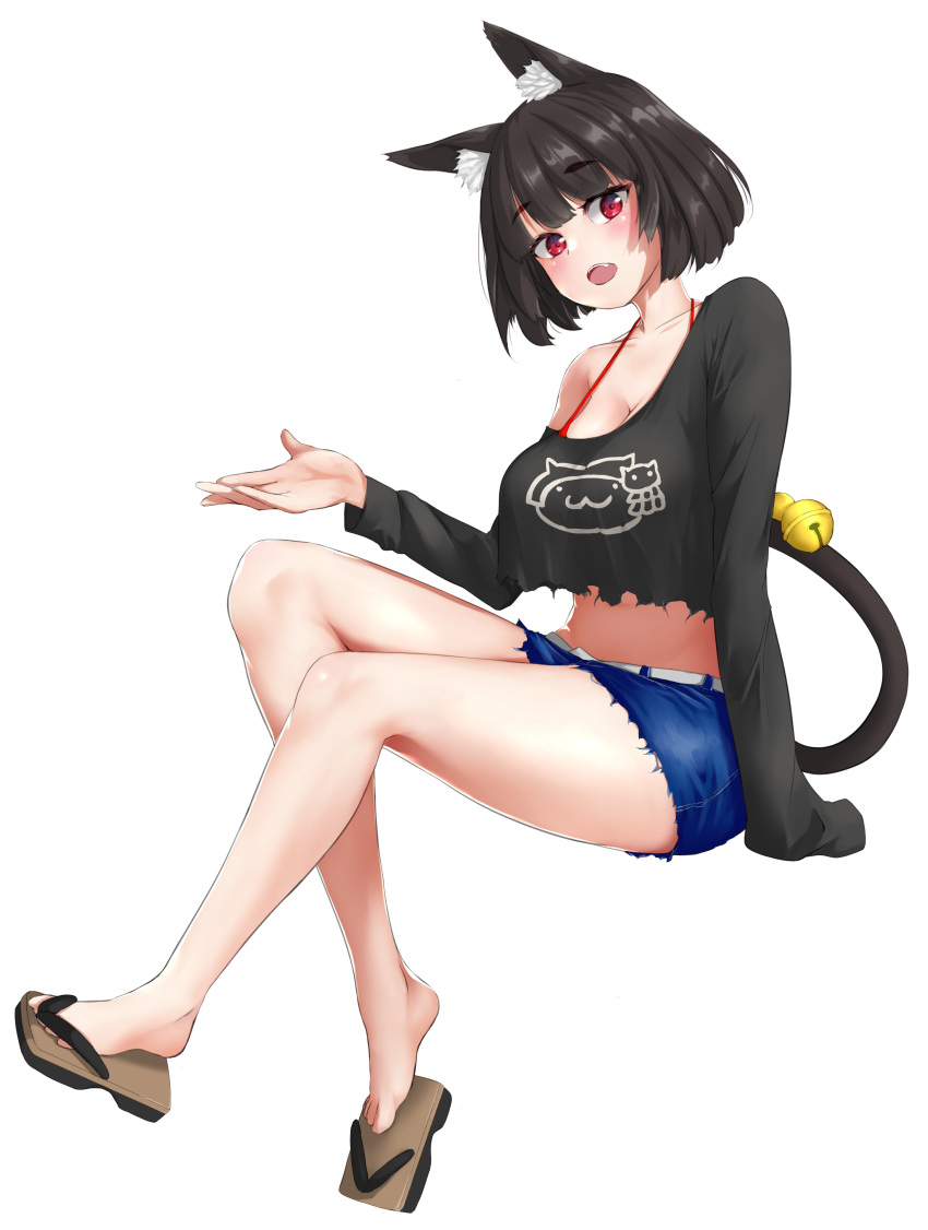 1girl absurdres animal_ear_fluff animal_ears azur_lane barefoot bell bikini bikini_under_clothes black_hair black_shirt blue_shorts breasts cat_ears cat_girl cat_tail crop_top crop_top_overhang fang full_body highres large_breasts linea_alba looking_at_viewer midriff official_alternate_costume ojisan_f open_mouth purple_eyes red_bikini sandals shirt short_hair shorts simple_background single_bare_shoulder solo swimsuit tail tail_bell tail_ornament torn_clothes torn_shirt torn_shorts white_background yamashiro_(azur_lane) yamashiro_(vacation_offensive!)_(azur_lane)