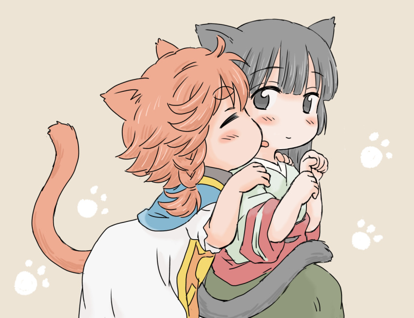 2girls animal_ears arunsu black_hair blush cat_ears cat_girl cat_tail closed_eyes hakumei_(hakumei_to_mikochi) hakumei_to_mikochi kemonomimi_mode licking licking_face long_hair mikochi_(hakumei_to_mikochi) multiple_girls orange_hair paw_pose paw_print short_hair tail yuri