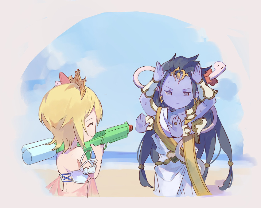 1boy 1girl aiming arms_up beach bikini blonde_hair blue_hair blue_skin blue_sky border bunny_pose chibi closed_eyes cloud colored_skin europa_(granblue_fantasy) extra_arms granblue_fantasy hands_up highres holding holding_water_gun kiriyama2109 lei long_hair ocean outdoors outstretched_arms purple_eyes purple_skin sand shiva_(granblue_fantasy) short_hair sky smile snake swimsuit tiara toga upper_body water_gun white_bikini white_snake white_wristband wristband