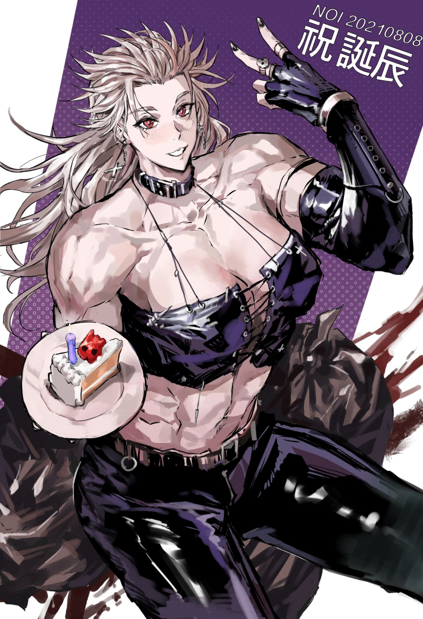 1girl abs blush breasts cake cake_slice corset dorohedoro earrings food gloves highres jewelry large_breasts long_hair looking_at_viewer muscular muscular_female navel necktie noi_(dorohedoro) park_ongjol red_eyes simple_background smile solo white_hair