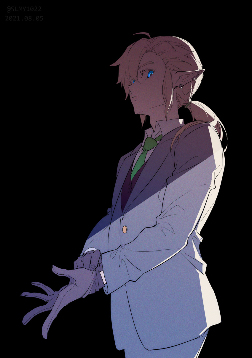 1boy absurdres adjusting_clothes adjusting_gloves alternate_costume bangs black_background black_vest blonde_hair blue_eyes closed_mouth collared_shirt commentary_request dated earrings expressionless formal gloves green_neckwear hair_between_eyes highres jacket jewelry kariki_hajime link long_hair long_sleeves looking_at_viewer male_focus necktie pants pointy_ears ponytail purple_gloves purple_jacket purple_pants purple_suit putting_on_gloves shadow shirt sideways_glance simple_background solo standing suit the_legend_of_zelda twitter_username vest watermark white_shirt