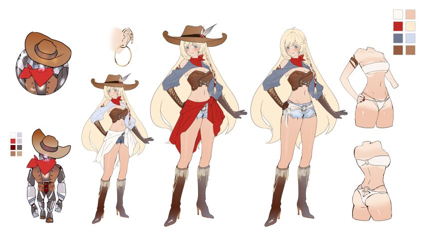 1girl absurdres ass bandana blonde_hair blue_eyes boots breasts bugie character_sheet commission commissioner_upload cowboy_boots cowboy_hat earrings gloves hat highres jewelry multiple_views original robot serenity_(dendroai) shoes short_shorts shorts thighs