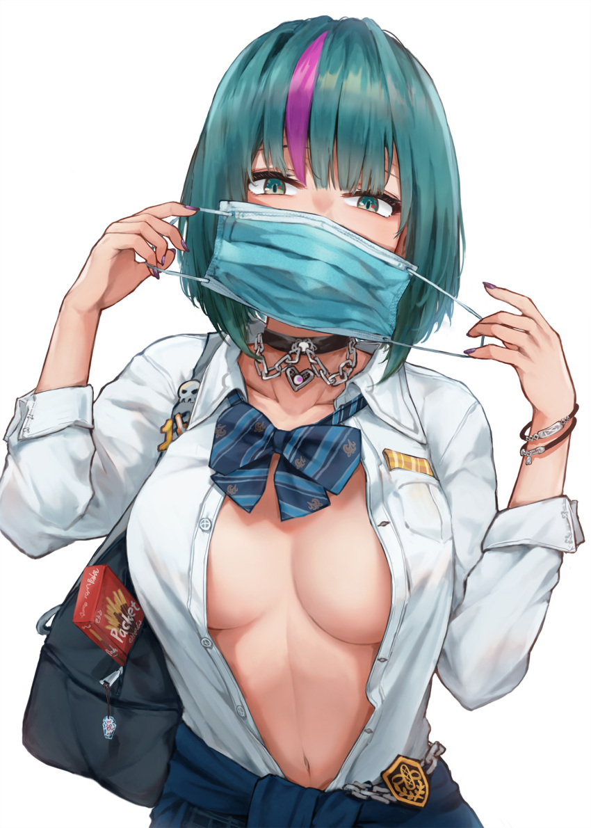 1girl badge bag black_bag bracelet breasts button_badge chain choker clothes_around_waist eyeshadow fingernails food green_eyes green_hair gyaru heart heart_choker highres holding holding_mask jewelry kogal large_breasts long_fingernails makeup mask medium_hair mouth_mask multicolored multicolored_hair navel original pocky purple_eyeshadow purple_hair purple_nails school_uniform simple_background solo streaked_hair striped striped_neckwear surgical_mask sweater sweater_around_waist taiu uniform white_background zipper_pull_tab