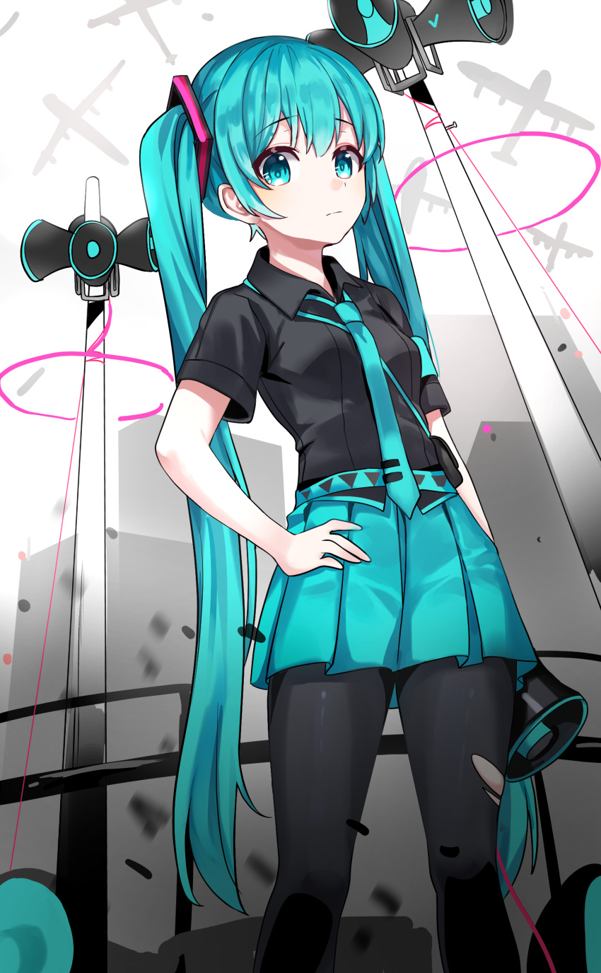 1girl absurdres aircraft airplane aqua_eyes aqua_hair aqua_neckwear aqua_skirt armband black_legwear black_shirt cable commentary cowboy_shot debris expressionless from_below hair_ornament hand_on_hip hatsune_miku highres holding holding_megaphone ille_(xcpa7325) koi_wa_sensou_(vocaloid) long_hair looking_at_viewer megaphone miniskirt necktie pantyhose pleated_skirt shirt short_sleeves silhouette skirt solo standing torn_clothes torn_legwear twintails uniform very_long_hair vocaloid