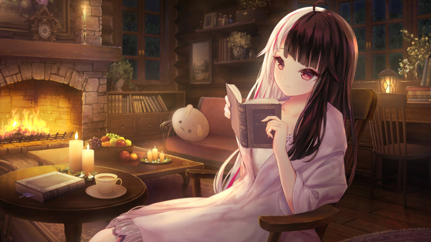 1girl ahoge alternate_hairstyle animal_pillow apple bangs black_hair blunt_bangs book book_stack bookmark bookshelf candle chair clock closed_mouth collarbone commentary_request couch cup desk eyebrows_visible_through_hair fire fireplace food fruit fruit_basket grapes holding holding_book lantern light light_smile long_hair missile228 multicolored_hair night nijisanji open_book orange_(fruit) painting_(object) pajamas pink_eyes pink_hair plant plate potted_plant reading rug scenery sitting solo table teacup two-tone_hair very_long_hair white_hair window wooden_floor yorumi_rena