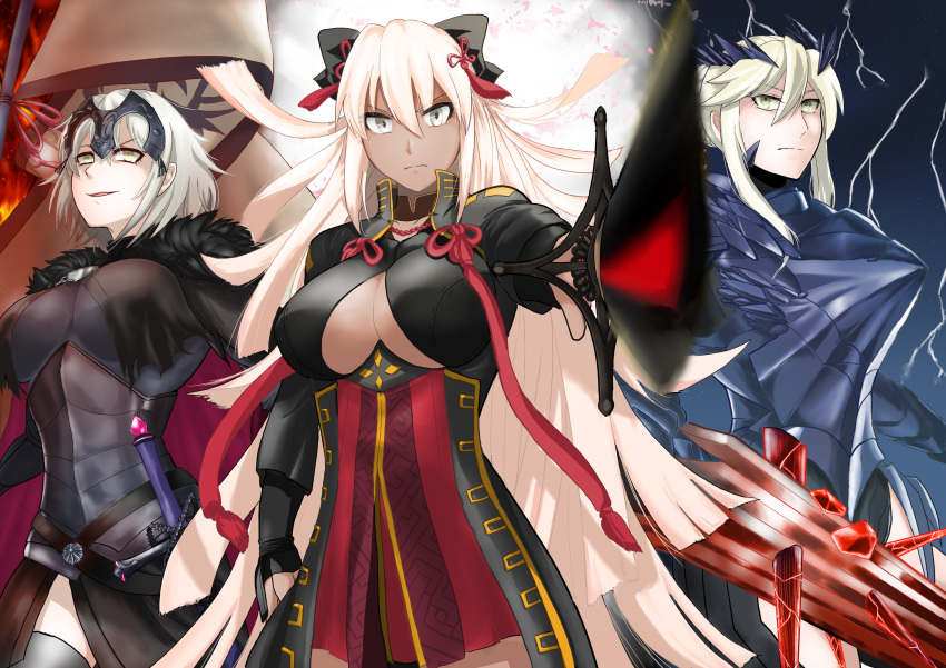 3girls absurdres arm_guards armor armored_dress artoria_pendragon_(fate) artoria_pendragon_(lancer_alter)_(fate) baconegg23 bangs banner black_bow black_coat bow braid breasts cape cleavage_cutout clothing_cutout coat dark-skinned_female dark_persona dark_rhongomyniad dark_skin fate/grand_order fate_(series) flag french_braid fur-trimmed_cape fur-trimmed_coat fur-trimmed_sleeves fur_collar fur_trim gauntlets headpiece high_collar highres jeanne_d'arc_(alter)_(fate) jeanne_d'arc_(fate)_(all) large_breasts long_hair looking_at_viewer multiple_girls okita_souji_(alter)_(fate) okita_souji_(fate)_(all) short_hair silver_hair thighhighs tied_hair tsurime white_eyes white_hair yellow_eyes