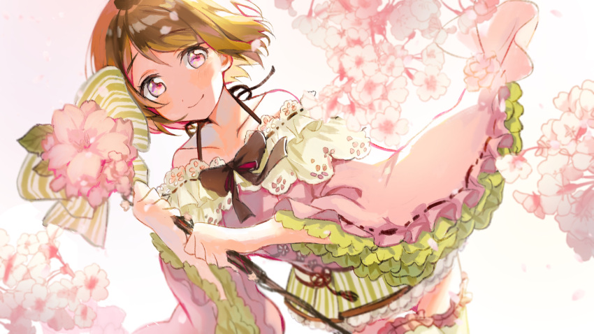 1girl bangs bare_shoulders black_ribbon blush brown_hair closed_mouth collarbone dutch_angle eyebrows_visible_through_hair floating_hair flower green_skirt hair_between_eyes highres holding koizumi_hanayo long_sleeves looking_at_viewer love_live! love_live!_school_idol_project miniskirt naarann pink_eyes pink_flower ribbon shiny shiny_hair short_hair skirt smile solo striped striped_skirt thighhighs wide_sleeves zettai_ryouiki