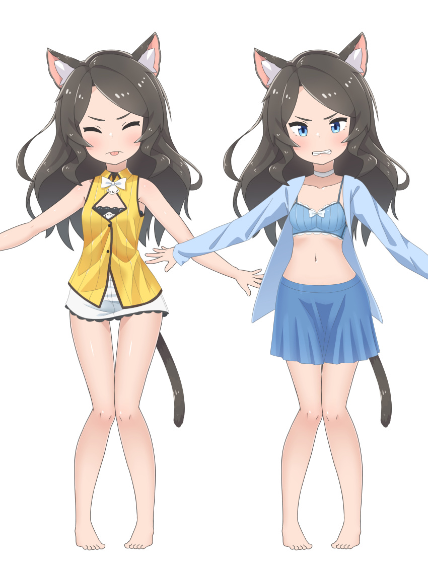 1girl :p absurdres aina_(mao_lian) animal_ear_fluff animal_ears ass_visible_through_thighs bare_legs barefoot blue_bra blue_eyes blue_jacket blue_skirt blush bra breasts brown_hair cat_ears cat_tail cleavage_cutout clenched_teeth clothing_cutout embarrassed highres jacket knees_together_feet_apart long_hair looking_at_viewer mao_lian_(nekokao) miniskirt multiple_views navel open_clothes open_jacket original outstretched_arms shirt skirt small_breasts spread_arms tail teeth thigh_gap tongue tongue_out underwear white_skirt yellow_shirt