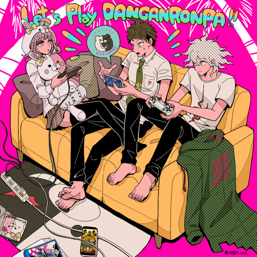 1girl 2boys :o ahoge album_cover alternate_costume animal_ears bangs barefoot black_pants bow breast_pocket brown_eyes brown_hair brown_skirt buttons cable collared_shirt commentary_request controller copyright_name cosplay couch cover danganronpa_(series) danganronpa_2:_goodbye_despair diaper double-breasted ear_bow fake_animal_ears flipped_hair game_console game_controller game_cover green_jacket green_neckwear grey_hair halftone handheld_game_console hands_up highres hinata_hajime holding holding_controller holding_phone hood hood_up jacket jacket_removed komaeda_nagito long_sleeves lying miniskirt monokuma monomi_(danganronpa) monomi_(danganronpa)_(cosplay) multiple_boys nanami_chiaki necktie no_shoes on_couch orange_bow palm_tree_print pants phone pillow pink_background pink_hair playing_games playstation_controller playstation_portable pocket print_shirt rabbit_ears shirt short_sleeves skirt smile speech_bubble tege_(tege_xxx) thighhighs white_shirt