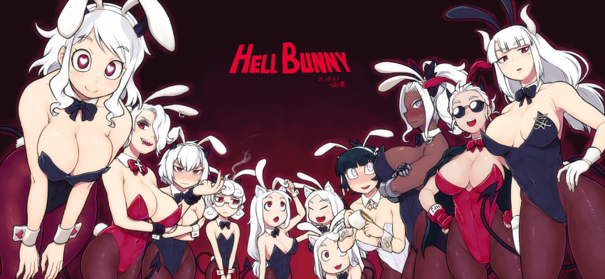6+girls :&lt; :3 :d ahoge alternate_costume animal_ears arm_under_breasts arms_under_breasts azazel_(helltaker) bangs bare_arms bare_shoulders black_bow black_hair black_horns black_leotard black_neckwear blunt_bangs blush bow bowtie breasts cerberus_(helltaker) cigarette cleavage clenched_hands closed_mouth collarbone commentary_request covered_navel cowboy_shot cross crossed_arms dark-skinned_female dark_skin dated demon_girl demon_horns demon_tail detached_collar dog_ears dog_girl english_text eyebrows_visible_through_hair facing_viewer fake_animal_ears fake_tail fang fingerless_gloves fishnet_legwear fishnets flat_chest gauntlets glasses gloves gradient gradient_background grey_eyes hair_over_one_eye hand_on_hip hand_up hands_on_hips hands_on_own_knees hands_up heart heart-shaped_pupils helltaker highres holding horns jacket jacket_on_shoulders judgement_(helltaker) justice_(helltaker) large_breasts leaning_forward leotard long_hair looking_at_viewer looking_to_the_side looking_up lucifer_(helltaker) malina_(helltaker) medium_hair modeus_(helltaker) mole mole_under_eye multiple_girls notepad open_mouth pandemonica_(helltaker) pantyhose parody parted_bangs pen piercing playboy_bunny ponytail profile rabbit_ears rabbit_tail red_background red_bow red_eyes red_gloves red_jacket red_legwear red_leotard red_neckwear revision sharp_teeth shiny shiny_clothes shiny_skin short_hair sideways_glance skindentation smile strapless strapless_leotard sweatdrop symbol-shaped_pupils tail teeth title_parody triplets tsukudani_(coke-buta) upper_teeth v_arms wavy_mouth white_eyes white_gloves white_hair white_leotard wrist_cuffs writing zdrada_(helltaker)