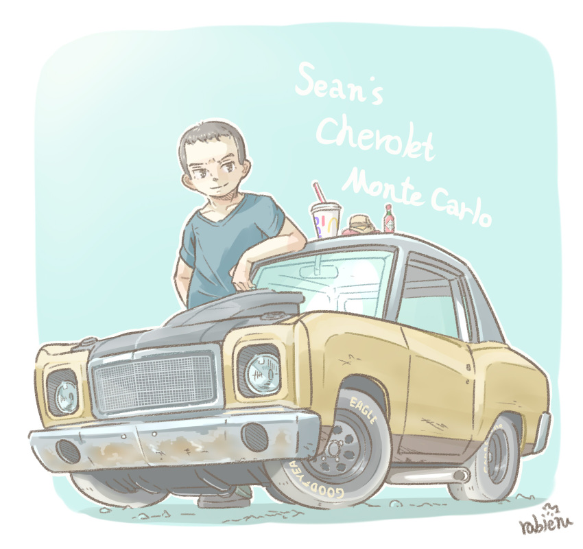 1boy artist_name blue_shirt brown_eyes brown_hair burger car chevrolet chevrolet_monte_carlo chibi collarbone cup disposable_cup drinking_straw food ground_vehicle highres looking_to_the_side motor_vehicle muscle_car rabienu sean_boswell shirt smile tabasco the_fast_and_the_furious the_fast_and_the_furious:_tokyo_drift vehicle_focus