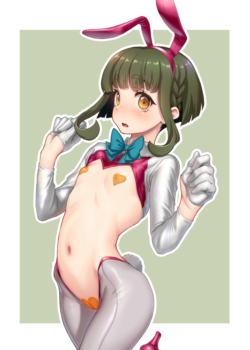 1girl absurdres animal_ears arms_up aya_shachou bob_cut bow bowtie braid brown_eyes cameltoe cowboy_shot embarrassed eyebrows_visible_through_hair fake_animal_ears fake_tail flat_chest gloves green_hair hairband heart_pasties high_heels highres kantai_collection looking_at_viewer meme_attire navel non-web_source open_mouth pasties playboy_bunny rabbit_ears rabbit_tail revealing_clothes reverse_bunnysuit reverse_outfit short_hair short_hair_with_long_locks sidelocks solo tail takanami_(kancolle) two-tone_background