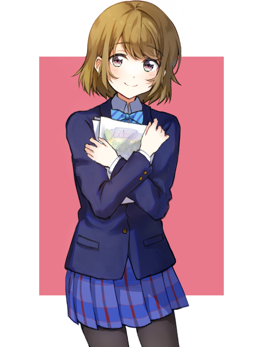 1girl bangs black_legwear blue_jacket blue_neckwear blue_skirt blush border bow bowtie brown_eyes brown_hair closed_mouth cowboy_shot diagonal_stripes eyebrows_visible_through_hair highres jacket koizumi_hanayo long_sleeves looking_at_viewer love_live! love_live!_school_idol_project miniskirt naarann outside_border pantyhose pink_background pleated_skirt short_hair skirt smile solo standing striped striped_bow striped_neckwear white_border wing_collar