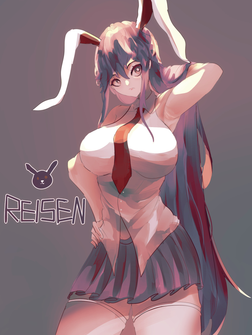 1girl animal_ears arm_up armpits bangs bare_shoulders breasts bright_pupils character_name closed_mouth collared_shirt contrapposto cowboy_shot expressionless eyebrows_behind_hair grey_background hair_between_eyes hair_flowing_over hand_on_hip highres large_breasts long_hair looking_to_the_side naufaldreamer necktie pleated_skirt purple_hair purple_skirt rabbit_ears red_neckwear reisen_udongein_inaba shirt simple_background skirt sleeveless sleeveless_shirt solo thighhighs touhou very_long_hair white_legwear white_shirt wing_collar