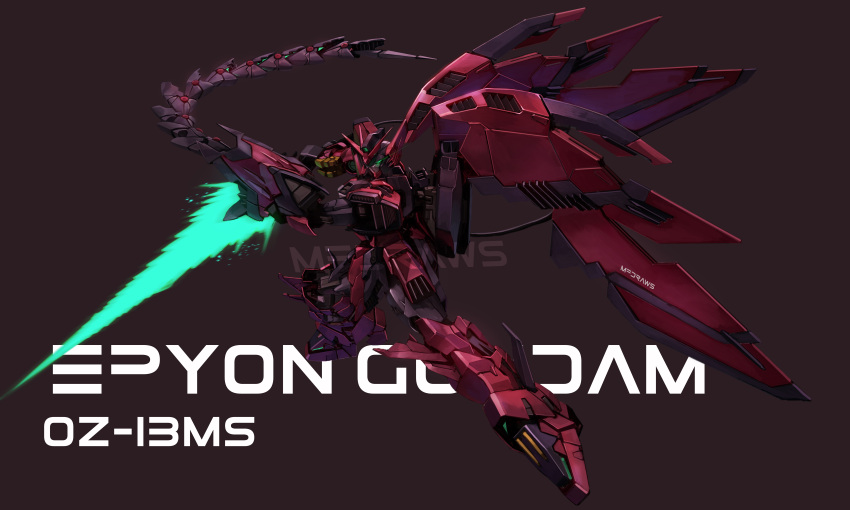 absurdres beam_saber brayanong999 character_name commission english_commentary glowing glowing_eye green_eyes gundam gundam_epyon gundam_wing gundam_wing_endless_waltz highres holding holding_sword holding_weapon mecha mechanical_wings mobile_suit no_humans purple_background science_fiction solo sword v-fin weapon whip_sword wings