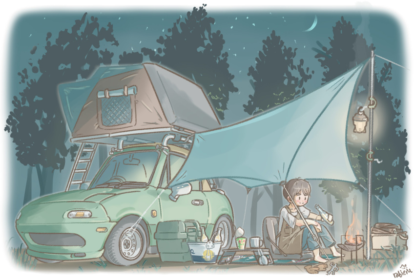 1girl apron barefoot black_eyes blue_pants blush bottle brown_hair bucket campfire camping car eunos_roadster eyebrows_visible_through_hair forest ground_vehicle hair_bun highres holding holding_bottle mazda motor_vehicle nature original pants rabienu shirt smile solo tent vehicle_focus white_shirt