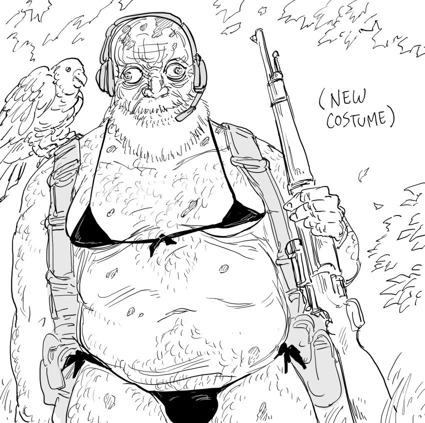 1boy bald bb_(baalbuddy) beard bikini bird bulge closed_mouth commentary crossdressing english_commentary english_text facial_hair greyscale gun headphones headset highres holding holding_gun holding_weapon male_focus metal_gear_(series) metal_gear_solid_3 microphone monochrome navel old old_man parody parrot rifle sniper_rifle solo swimsuit the_end wall-eyed weapon