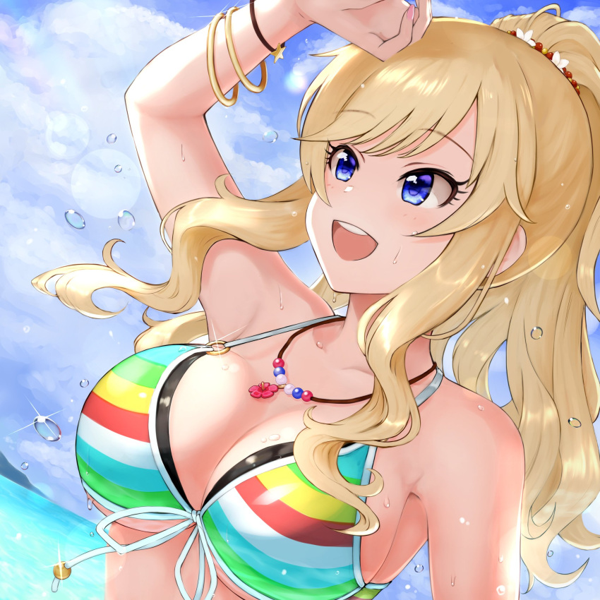 1girl arm_up armpits bikini blonde_hair blue_eyes bracelet breasts close-up droplet hair_ornament highres idolmaster idolmaster_cinderella_girls idolmaster_cinderella_girls_starlight_stage jewelry lamp_p9 necklace ocean ohtsuki_yui ponytail solo striped striped_bikini swimsuit water