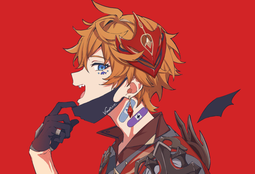 1boy bandaid bandaid_on_neck bangs black_gloves black_mask blue_eyes earrings fangs genshin_impact gloves highres jacket jewelry male_focus mask mask_on_head mask_pull mouth_mask open_mouth orange_hair parody profile red_background red_scarf ring scarf simple_background single_earring solo tartaglia_(genshin_impact) upper_body usu32 vampire_(vocaloid)