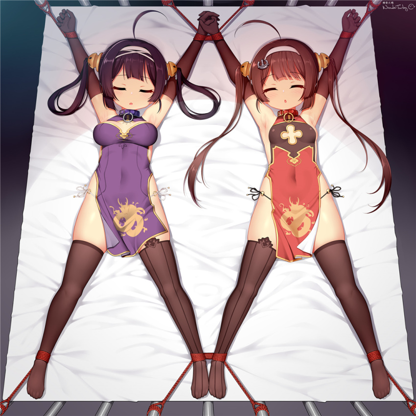 2girls ^_^ ahoge armpits arms_up artist_name asymmetrical_legwear azur_lane bangs bare_shoulders bdsm black_gloves black_hair black_legwear black_panties blush bondage bound bound_ankles bound_wrists breasts breasts_apart brown_hair china_dress chinese_clothes chinese_commentary cleavage_cutout closed_eyes clothing_cutout collar commentary_request covered_navel dark dragon_print dress elbow_gloves eyebrows_visible_through_hair from_above full_body gloves hair_ornament hair_rings hairband holding_hands huoji_(wonderturkey) interlocked_fingers light_blush long_hair lying medium_breasts mismatched_legwear mixed-language_commentary multiple_girls ning_hai_(azur_lane) o-ring o-ring_bottom o-ring_panties on_back on_bed open_mouth outstretched_arms panties pelvic_curtain ping_hai_(azur_lane) purple_dress red_dress rope see-through shiny shiny_hair side-tie_panties side_slit sidelocks signature skindentation sleeping sleeveless sleeveless_dress small_breasts spread_legs string_panties symmetry thighhighs tied_hair twintails underwear white_background white_hairband white_panties