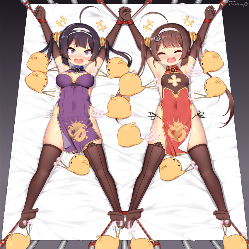 +++ 2girls =_= @_@ ^_^ afterimage ahoge animal armpits arms_up artist_name asymmetrical_legwear azur_lane bangs bare_shoulders bdsm bird black_eyes black_gloves black_hair black_legwear black_panties blush blush_stickers bondage bound bound_ankles bound_wrists breasts breasts_apart brown_hair brush china_dress chinese_clothes chinese_commentary cleavage_cutout closed_eyes clothing_cutout collar commentary_request covered_navel dragon_print dress elbow_gloves eyebrows_visible_through_hair feathers foot_tickling from_above full_body gloves hair_ornament hair_rings hairband half-closed_eyes holding holding_brush holding_feather holding_hands huoji_(wonderturkey) interlocked_fingers laughing long_hair lying manjuu_(azur_lane) medium_breasts mismatched_legwear mixed-language_commentary motion_lines multiple_girls ning_hai_(azur_lane) nose_blush o-ring o-ring_bottom o-ring_panties on_back on_bed open_mouth outstretched_arms panties pelvic_curtain ping_hai_(azur_lane) purple_dress purple_eyes raised_eyebrows red_dress rope see-through shiny shiny_hair side-tie_panties side_slit sidelocks signature skindentation sleeveless sleeveless_dress small_breasts smile spread_legs string_panties symmetry tears thighhighs tickling tied_hair twintails underwear white_background white_hairband white_panties wide-eyed