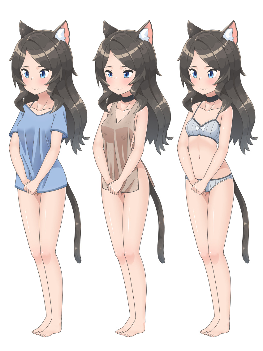 1girl absurdres aina_(mao_lian) animal_ear_fluff animal_ears bangs bare_arms bare_legs bare_shoulders barefoot black_choker blue_eyes blue_shirt blush bra breasts cat_ears cat_tail choker closed_mouth grey_bra grey_hair grey_panties highres long_hair mao_lian_(nekokao) multiple_views naked_shirt navel original panties parted_bangs rags shirt short_sleeves simple_background small_breasts standing tail underwear underwear_only v_arms wavy_mouth white_background