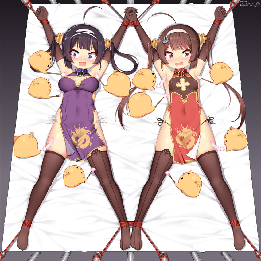 2girls =_= @_@ ahoge animal armpits arms_up artist_name asymmetrical_legwear azur_lane bangs bare_shoulders bdsm bird black_eyes black_gloves black_hair black_legwear black_panties blush blush_stickers bondage bound bound_ankles bound_wrists breasts breasts_apart brown_hair brush china_dress chinese_clothes chinese_commentary cleavage_cutout closed_eyes clothing_cutout collar commentary_request covered_navel dragon_print dress elbow_gloves eyebrows_visible_through_hair fang feathers from_above full_body gloves hair_ornament hair_rings hairband half-closed_eyes holding holding_brush holding_feather holding_hands huoji_(wonderturkey) interlocked_fingers long_hair looking_to_the_side lying manjuu_(azur_lane) medium_breasts mismatched_legwear mixed-language_commentary multiple_girls ning_hai_(azur_lane) nose_blush o-ring o-ring_bottom o-ring_panties on_back on_bed open_mouth outstretched_arms panties pelvic_curtain ping_hai_(azur_lane) purple_dress purple_eyes raised_eyebrows red_dress red_eyes rope see-through shiny shiny_hair side-tie_panties side_slit sidelocks signature skin_fang skindentation sleeveless sleeveless_dress small_breasts spread_legs string_panties symmetry tears thighhighs tied_hair twintails underwear white_background white_hairband white_panties wide-eyed