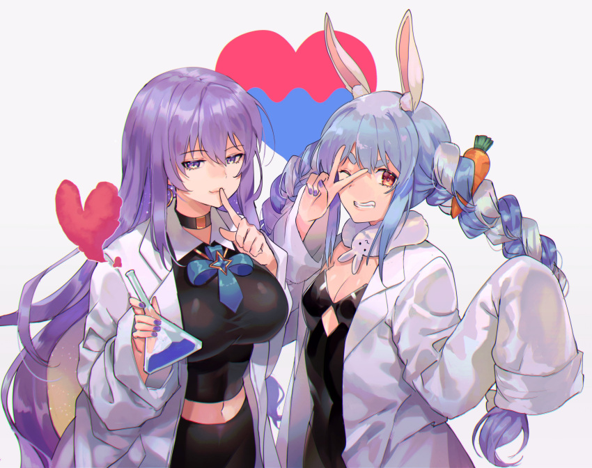 2girls absurdres animal_ears blue_hair blue_nails braid breasts carrot_hair_ornament choker cleavage colored_inner_hair crop_top don-chan_(usada_pekora) earrings finger_to_mouth food-themed_hair_ornament gradient_hair hair_ornament highres hololive hololive_indonesia jewelry labcoat large_breasts moona_hoshinova multicolored_hair multiple_girls navel one_eye_closed orange_eyes purple_eyes purple_hair purple_nails rabbit_ears rabbit_girl ribbon sagta_panggang sleeves_past_fingers sleeves_past_wrists small_breasts streaked_hair turing_love twin_braids upper_body usada_pekora v v_over_eye virtual_youtuber