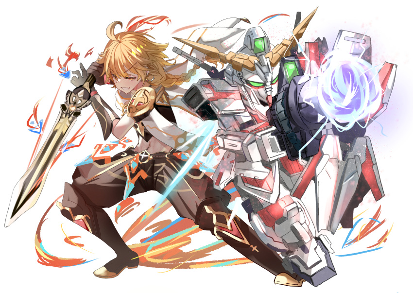 1boy 1other absurdres aether_(genshin_impact) armor bimmy blonde_hair braid brown_pants crop_top crossover energy_gun genshin_impact gloves gundam hair_between_eyes highres holding holding_sword holding_weapon long_hair male_focus mecha mobile_suit nt-d pants robot shoulder_armor sword unicorn_gundam weapon white_background yellow_eyes