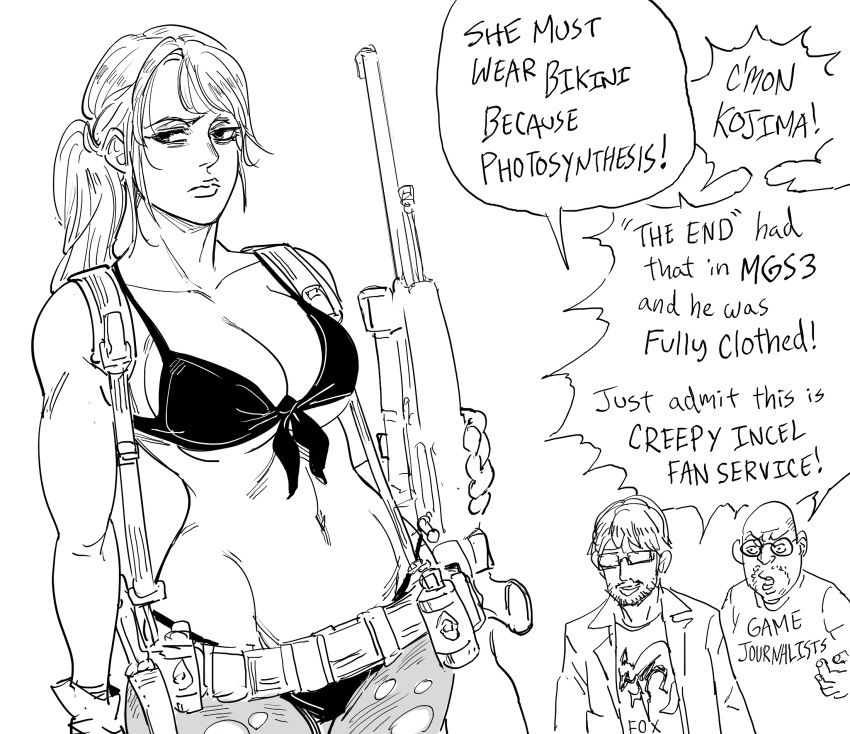 1girl 2boys bald bare_shoulders bb_(baalbuddy) beard belt bikini breasts cleavage closed_mouth commentary english_commentary english_text facial_hair front-tie_bikini front-tie_top glasses greyscale gun highres holding holding_gun holding_weapon kojima_hideo large_breasts long_hair metal_gear_(series) metal_gear_solid_v monochrome multiple_boys opaque_glasses pantyhose ponytail quiet_(metal_gear) rifle simple_background smile swimsuit torn_clothes torn_legwear weapon white_background