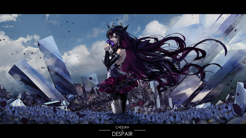1girl absurdres blue_eyes city covered_mouth detached_sleeves field floating_hair flower flower_field from_behind halter_top halterneck highres holding holding_flower hololive hololive_english horns irys_(hololive) long_hair looking_at_viewer looking_back purple_eyes purple_flower purple_hair purple_skirt single_legging single_thighhigh skirt solo thighhighs virtual_youtuber vyragami