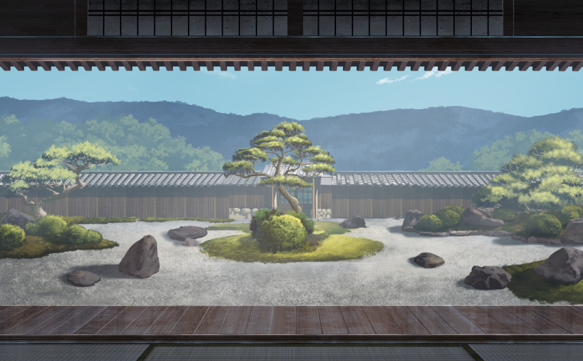 architecture bush choc0_(oda0208) cloud cobblestone courtyard day east_asian_architecture highres mountain no_humans original rock rock_garden scenery sky sliding_doors tile_roof tree wooden_floor wooden_wall