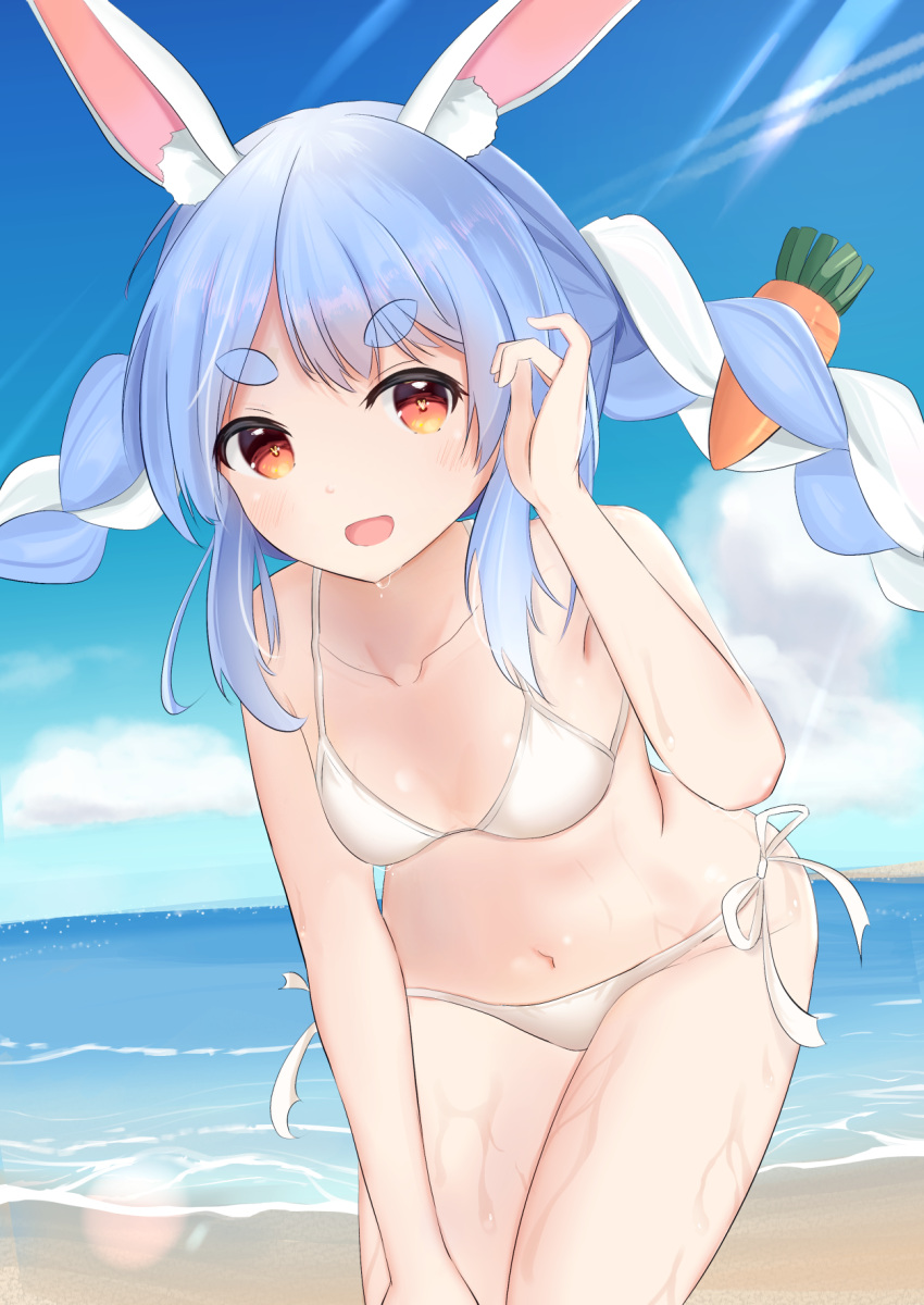 1girl :d animal_ear_fluff animal_ears bangs bare_shoulders beach bikini braid breasts bunny-shaped_pupils carrot_hair_ornament cloud collarbone commentary_request cowboy_shot cumulonimbus_cloud day dropping eyebrows_visible_through_hair food-themed_hair_ornament hair_ornament halterneck hand_up highres hololive horizon leaning_forward lens_flare light_blush light_rays looking_at_viewer loreley1k multicolored_hair navel open_mouth orange_eyes outdoors rabbit_ears side-tie_bikini sidelocks small_breasts smile solo string_bikini swimsuit thick_eyebrows twin_braids twintails two-tone_hair usada_pekora virtual_youtuber water wet white_bikini