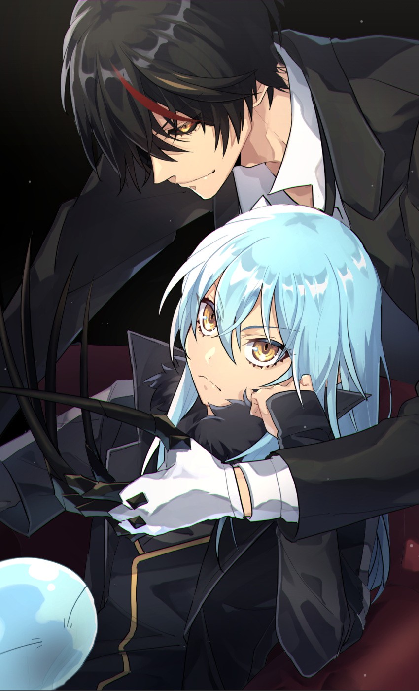 1boy 1other androgynous bangs black_background black_coat black_hair black_jacket black_sclera blue_hair closed_mouth coat colored_sclera diablo_(tensei_shitara_slime_datta_ken) eyebrows_visible_through_hair frown gloves hair_between_eyes head_rest highres jacket long_hair long_sleeves multicolored multicolored_hair ou_negi rimuru_tempest shiny shiny_hair short_hair smile straight_hair streaked_hair tensei_shitara_slime_datta_ken v-shaped_eyebrows white_gloves yellow_eyes