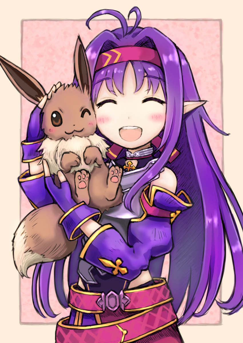 1girl ahoge armor bangs blush breastplate closed_eyes crossover detached_sleeves eevee eyebrows_visible_through_hair fingerless_gloves gen_1_pokemon gloves hairband highres holding holding_pokemon long_hair looking_at_viewer open_mouth parted_bangs pointy_ears pokemon pokemon_(creature) purple_hair red_hairband simple_background sword_art_online tail taka_mimizuku upper_teeth voice_actor_connection yuuki_(sao) yuuki_aoi