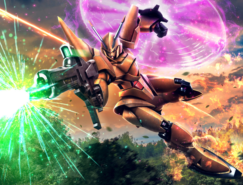 beam_rifle clenched_hand energy_gun fire firing gun gundam hiropon_(tasogare_no_puu) holding holding_gun holding_weapon mecha mobile_suit no_humans red_eyes science_fiction shokew solo victory_gundam weapon zanscare