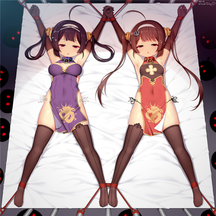 0_0 2girls ahoge armpits arms_up artist_name asymmetrical_legwear azur_lane bangs bare_shoulders bdsm black_gloves black_hair black_legwear black_panties blush bondage bound bound_ankles bound_wrists breasts breasts_apart brown_hair china_dress chinese_clothes chinese_commentary cleavage_cutout clothing_cutout collar commentary_request covered_navel dark dragon_print dress elbow_gloves eyebrows_visible_through_hair from_above full_body gloves glowing glowing_eyes hair_ornament hair_rings hairband holding_hands huoji_(wonderturkey) interlocked_fingers light_blush long_hair lying manjuu_(azur_lane) medium_breasts mismatched_legwear mixed-language_commentary multiple_girls ning_hai_(azur_lane) o-ring o-ring_bottom o-ring_panties on_back on_bed open_mouth outstretched_arms panties pelvic_curtain ping_hai_(azur_lane) purple_dress red_dress red_eyes rope see-through shiny shiny_hair side-tie_panties side_slit sidelocks signature skindentation sleeveless sleeveless_dress small_breasts spread_legs string_panties symmetry thighhighs tied_hair twintails underwear waking_up white_background white_hairband white_panties