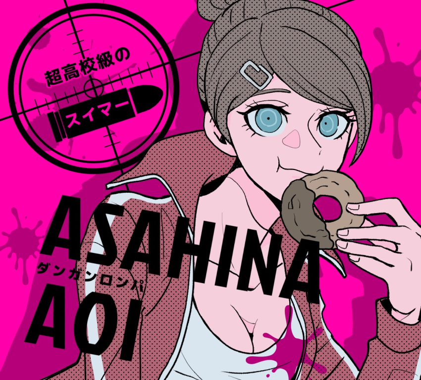 1girl asahina_aoi bangs blue_eyes breasts brown_hair bullet character_name cleavage collarbone commentary_request copyright_name danganronpa:_trigger_happy_havoc danganronpa_(series) doughnut food hair_ornament hairclip holding holding_food jacket large_breasts long_sleeves looking_at_viewer pink_background red_jacket shirt short_hair solo tege_(tege_xxx) translated upper_body
