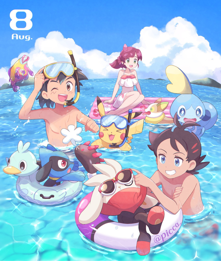 1girl 2boys ash_ketchum barefoot black_hair blue_eyes bruxish chloe_(pokemon) cloud commentary_request dated day ducklett gen_1_pokemon gen_4_pokemon gen_5_pokemon gen_7_pokemon gen_8_pokemon goh_(pokemon) green_eyes highres innertube long_hair mei_(maysroom) multiple_boys navel on_head open_mouth outdoors pikachu pokemon pokemon_(anime) pokemon_(creature) pokemon_on_head pokemon_swsh_(anime) pyukumuku raboot red_hair revision riolu shirtless sitting sky snorkel sobble sunglasses swimming swimsuit teeth tongue water yamper