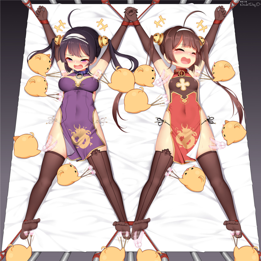 +++ 2girls =_= ^_^ afterimage ahoge animal armpits arms_up artist_name asymmetrical_legwear azur_lane bangs bare_shoulders bdsm bird black_eyes black_gloves black_hair black_legwear black_panties blush blush_stickers bondage bound bound_ankles bound_wrists breasts breasts_apart brown_hair brush china_dress chinese_clothes chinese_commentary cleavage_cutout closed_eyes clothing_cutout collar commentary_request covered_navel dragon_print dress elbow_gloves eyebrows_visible_through_hair feathers foot_tickling from_above full_body gloves hair_ornament hair_rings hairband half-closed_eyes holding holding_brush holding_feather holding_hands huoji_(wonderturkey) interlocked_fingers laughing long_hair lying manjuu_(azur_lane) medium_breasts mismatched_legwear mixed-language_commentary motion_lines multiple_girls ning_hai_(azur_lane) nose_blush o-ring o-ring_bottom o-ring_panties on_back on_bed open_mouth outstretched_arms panties pelvic_curtain ping_hai_(azur_lane) purple_dress purple_eyes red_dress rope see-through shiny shiny_hair side-tie_panties side_slit sidelocks signature skindentation sleeveless sleeveless_dress small_breasts smile spread_legs string_panties symmetry tears thighhighs tickling tied_hair twintails underwear white_background white_hairband white_panties